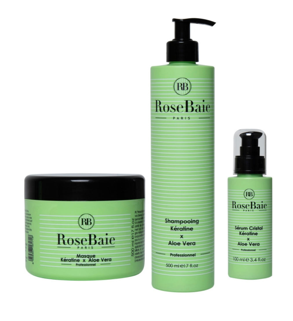 Kit complète soins cheveux de la marque Rosebaie à la kératine et à l’aloe vera